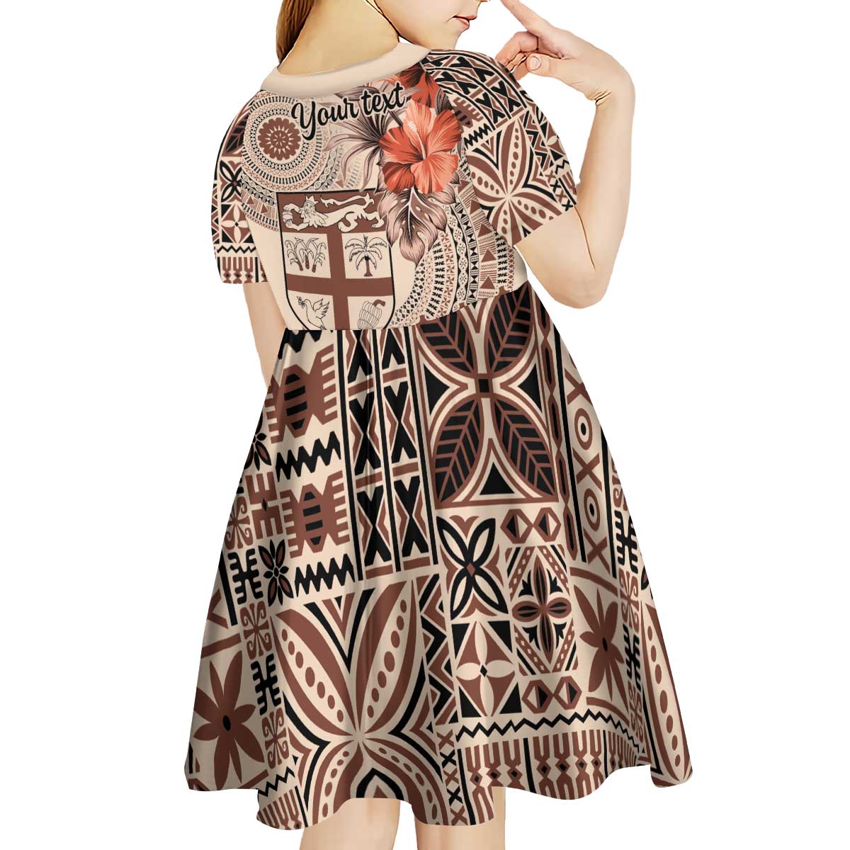 Vintage Bula Fiji Personalised Kid Short Sleeve Dress Beige Hibiscus Tapa Pattern