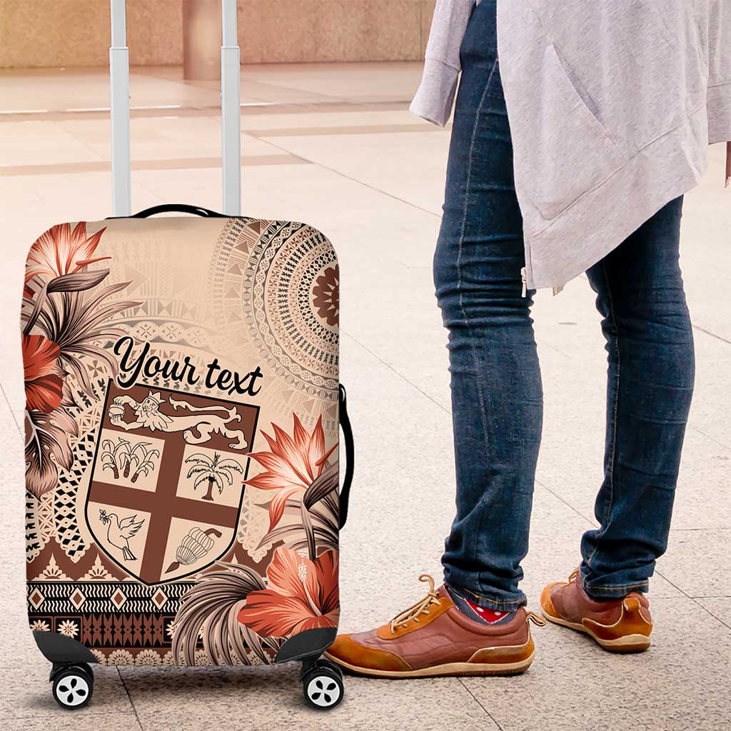 Vintage Bula Fiji Personalised Luggage Cover Beige Hibiscus Tapa Pattern