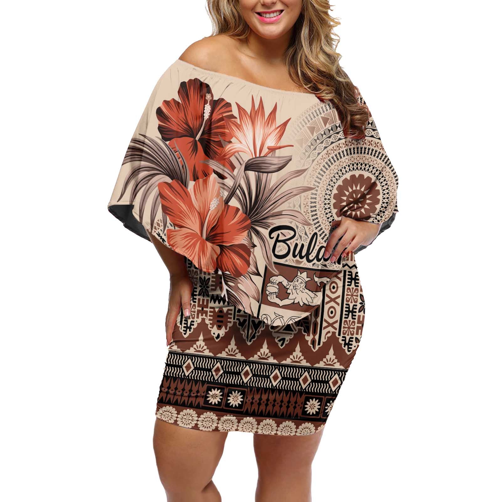 Vintage Bula Fiji Personalised Off Shoulder Short Dress Beige Hibiscus Tapa Pattern