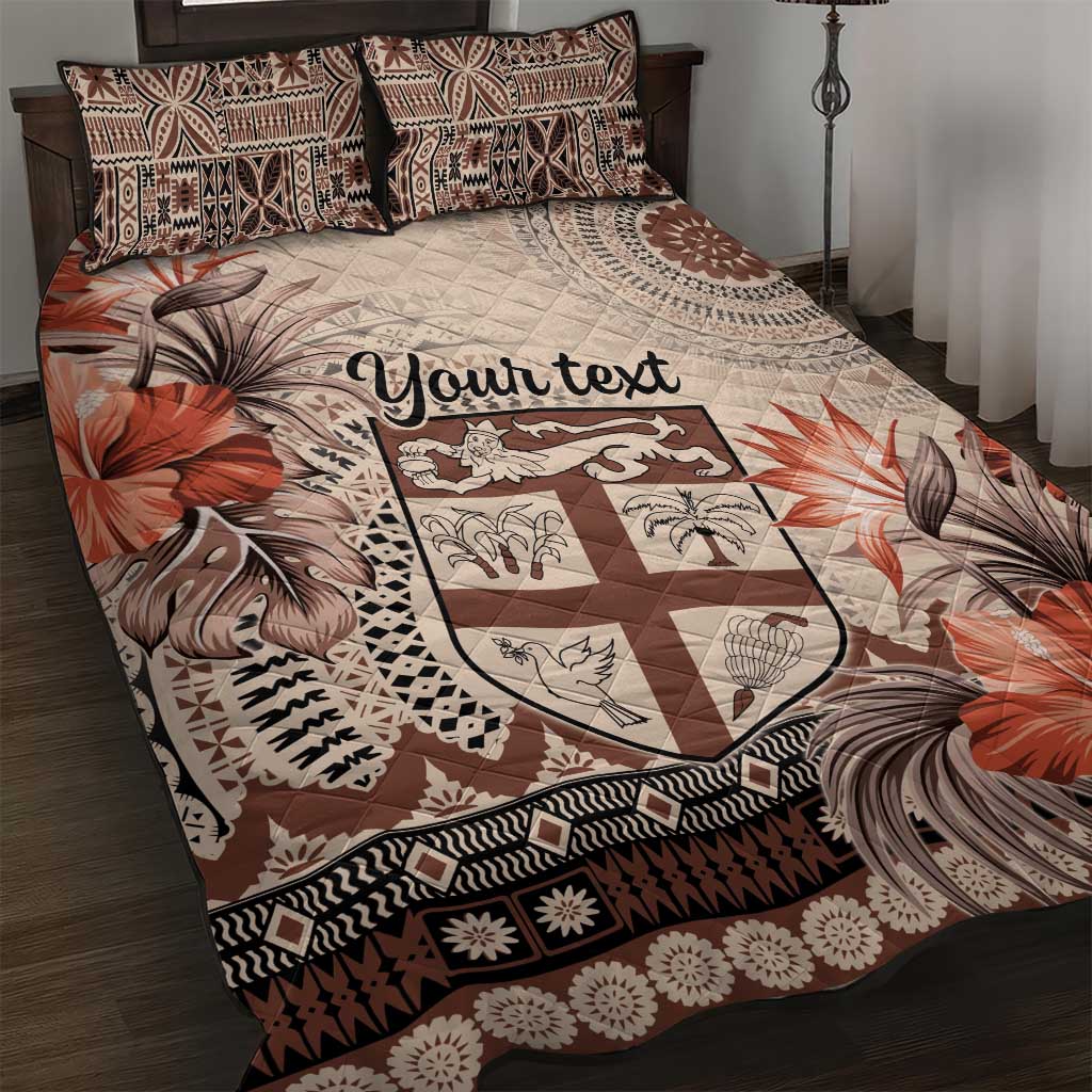 Vintage Bula Fiji Personalised Quilt Bed Set Beige Hibiscus Tapa Pattern
