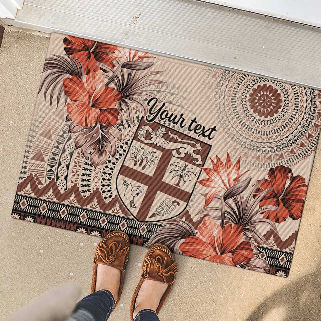 Vintage Bula Fiji Personalised Rubber Doormat Beige Hibiscus Tapa Pattern