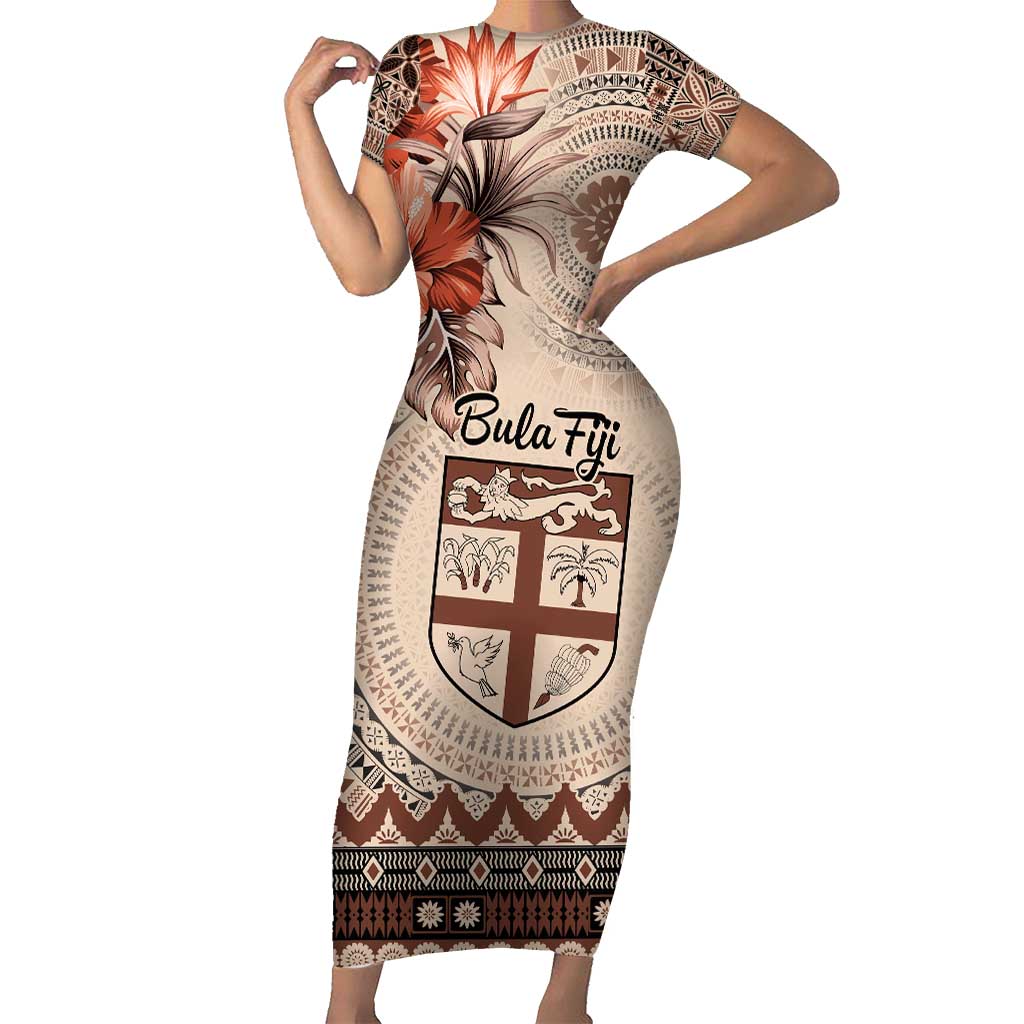 Vintage Bula Fiji Personalised Short Sleeve Bodycon Dress Beige Hibiscus Tapa Pattern