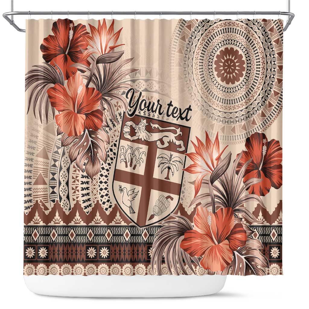 Vintage Bula Fiji Personalised Shower Curtain Beige Hibiscus Tapa Pattern