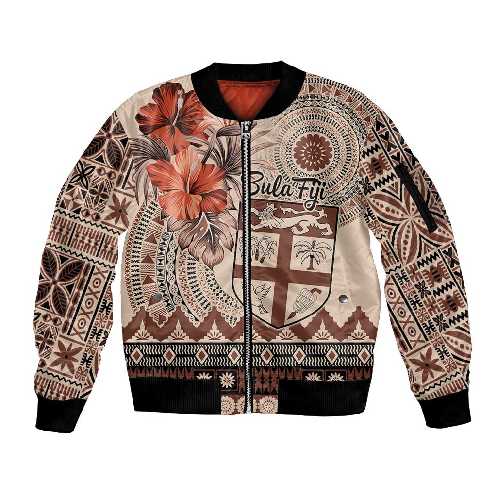 Vintage Bula Fiji Personalised Sleeve Zip Bomber Jacket Beige Hibiscus Tapa Pattern