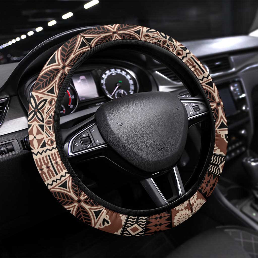 Vintage Bula Fiji Personalised Steering Wheel Cover Beige Hibiscus Tapa Pattern