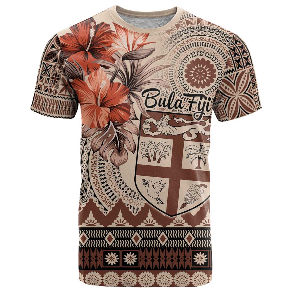 Vintage Bula Fiji Personalised T Shirt Beige Hibiscus Tapa Pattern