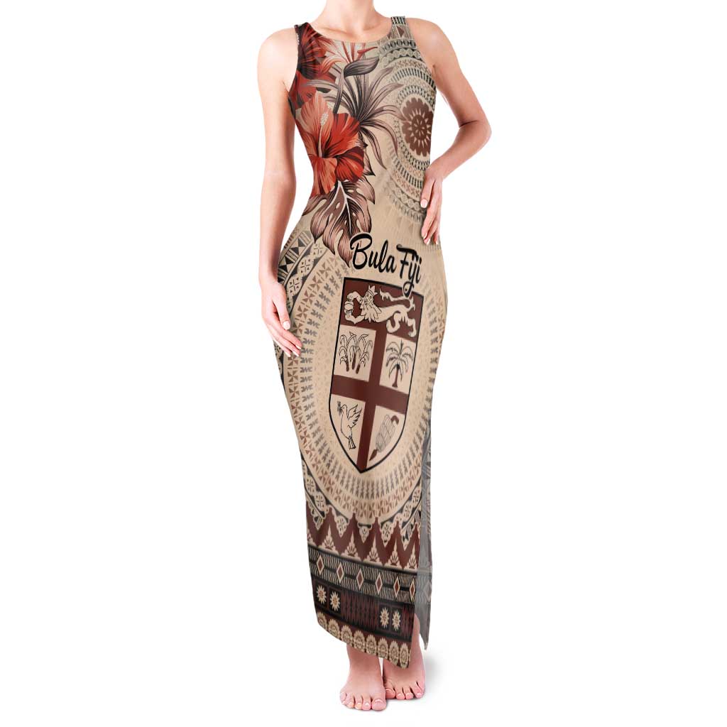 Vintage Bula Fiji Personalised Tank Maxi Dress Beige Hibiscus Tapa Pattern