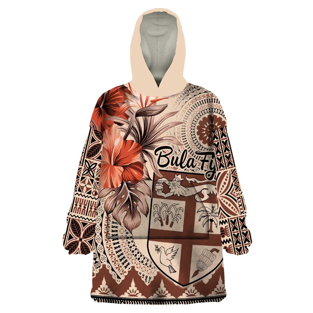 Vintage Bula Fiji Personalised Wearable Blanket Hoodie Beige Hibiscus Tapa Pattern