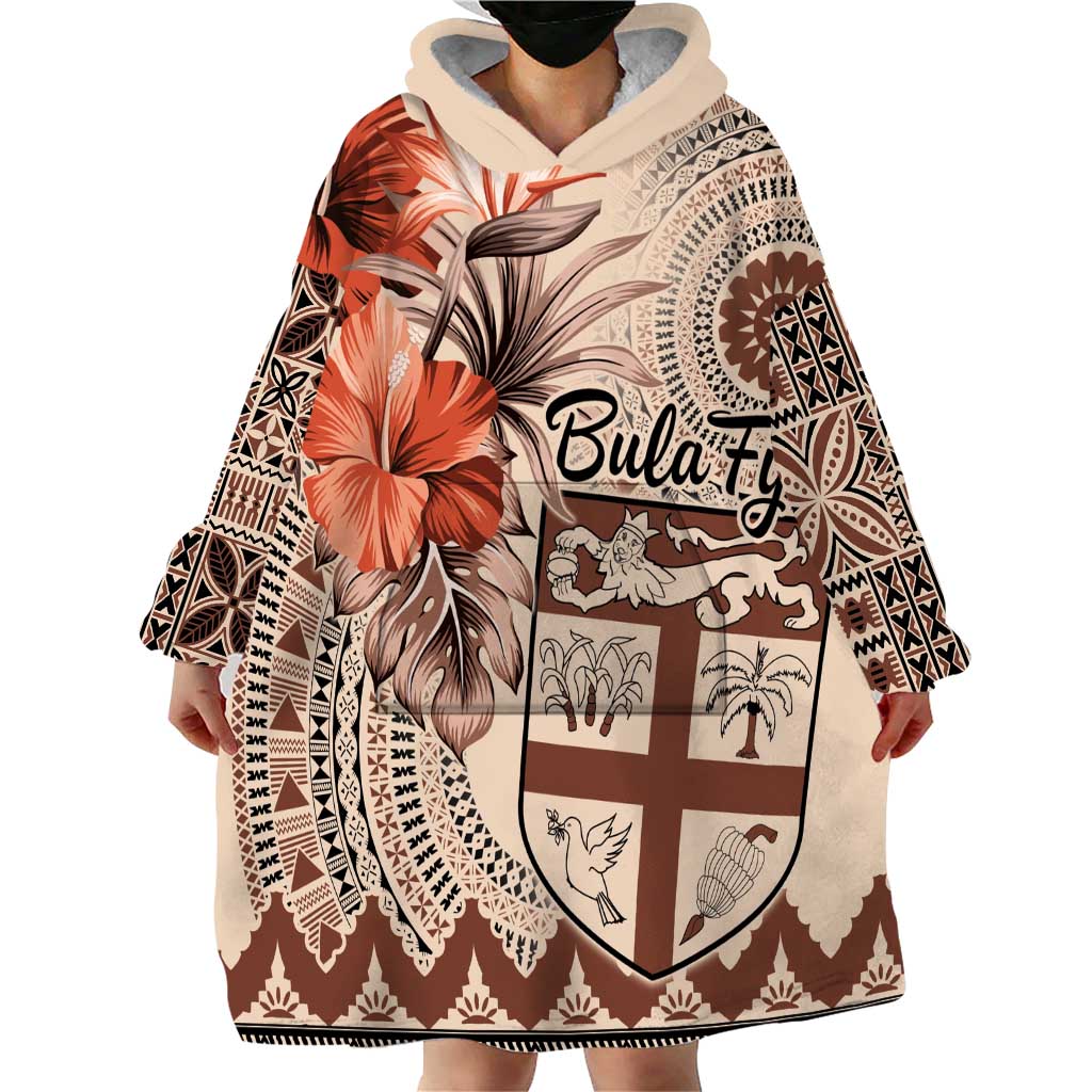 Vintage Bula Fiji Personalised Wearable Blanket Hoodie Beige Hibiscus Tapa Pattern