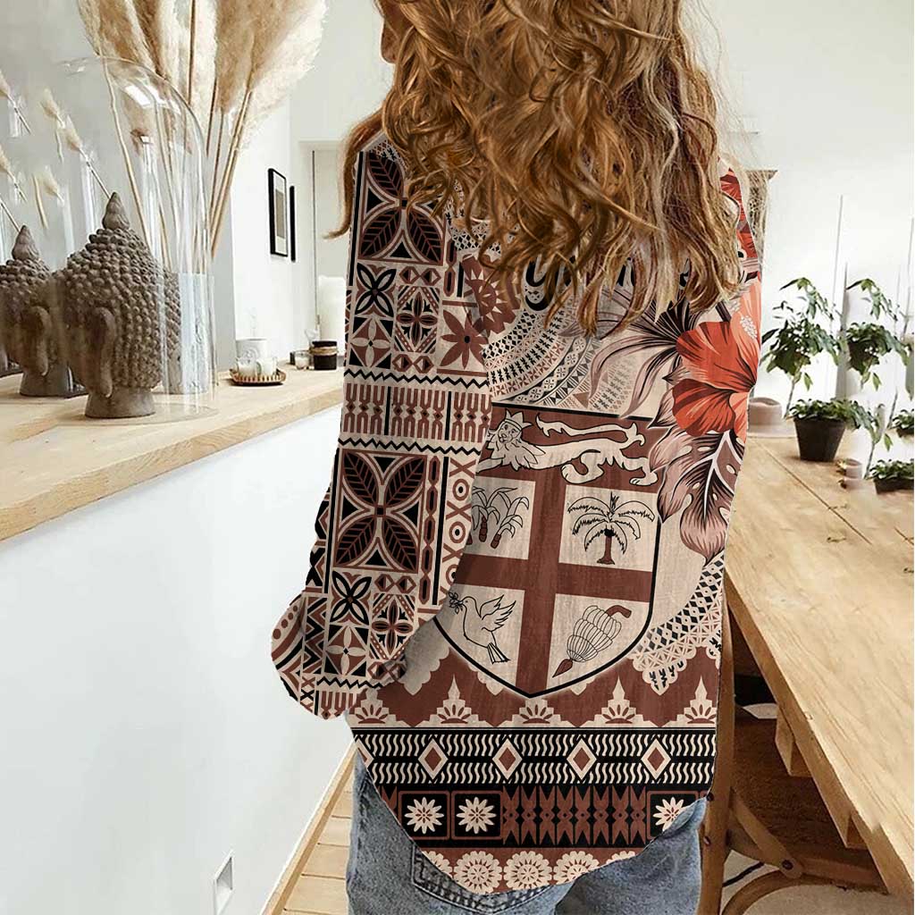 Vintage Bula Fiji Personalised Women Casual Shirt Beige Hibiscus Tapa Pattern