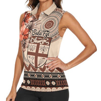 Vintage Bula Fiji Personalised Women Sleeveless Polo Shirt Beige Hibiscus Tapa Pattern