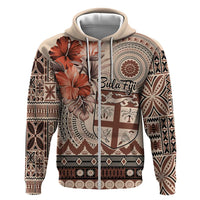 Vintage Bula Fiji Personalised Zip Hoodie Beige Hibiscus Tapa Pattern