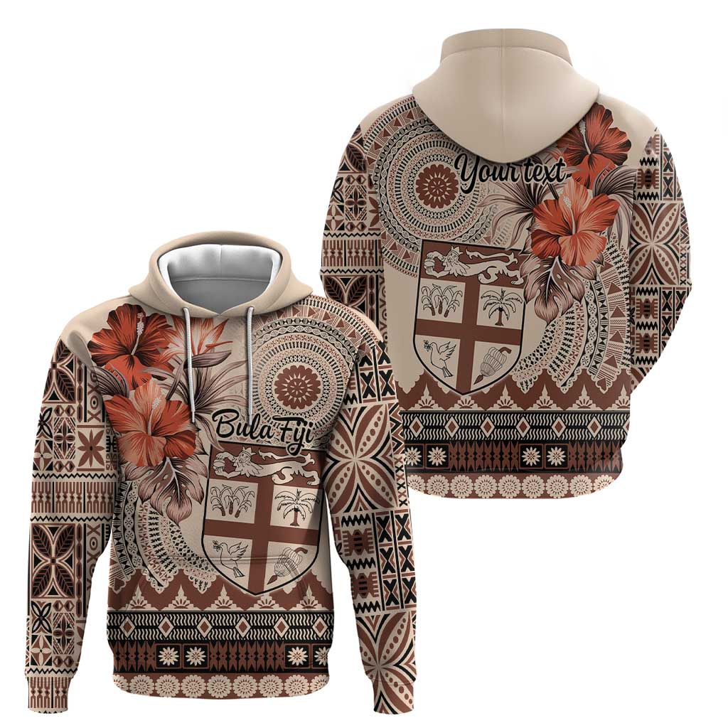 Vintage Bula Fiji Personalised Zip Hoodie Beige Hibiscus Tapa Pattern