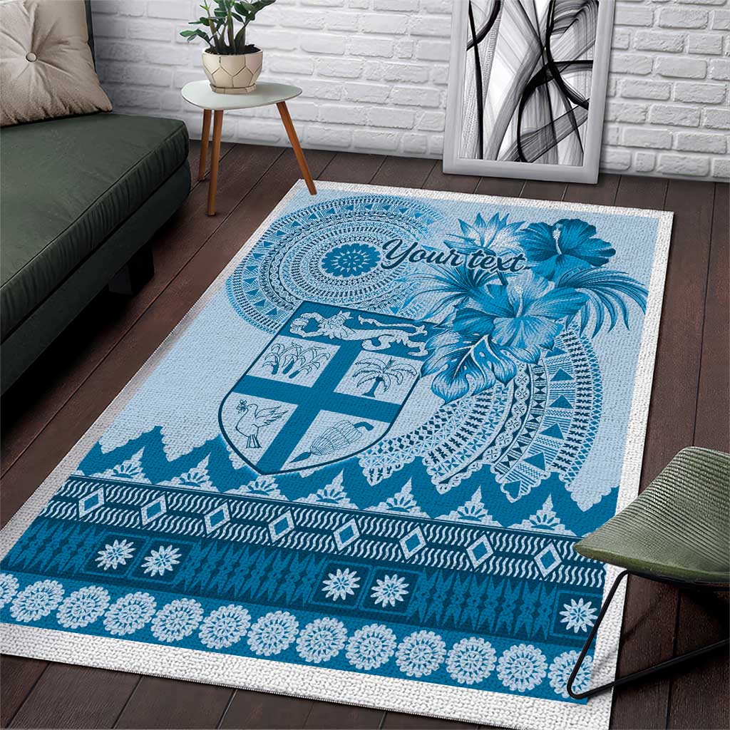 Vintage Bula Fiji Personalised Area Rug Blue Hibiscus Tapa Pattern