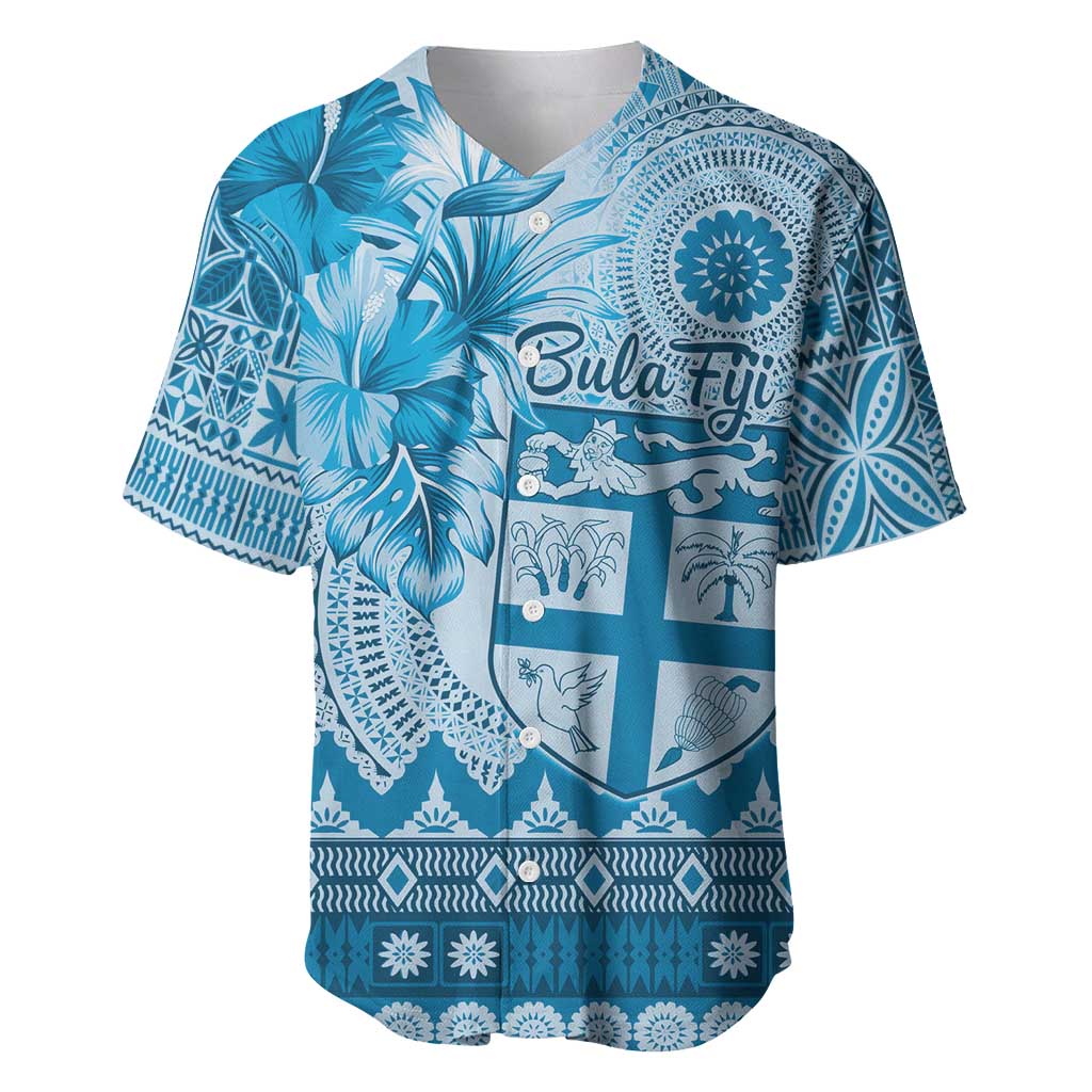 Vintage Bula Fiji Personalised Baseball Jersey Blue Hibiscus Tapa Pattern