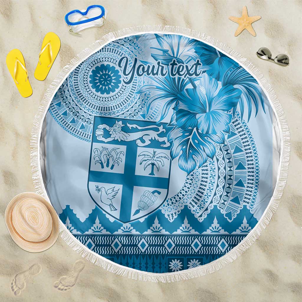 Vintage Bula Fiji Personalised Beach Blanket Blue Hibiscus Tapa Pattern