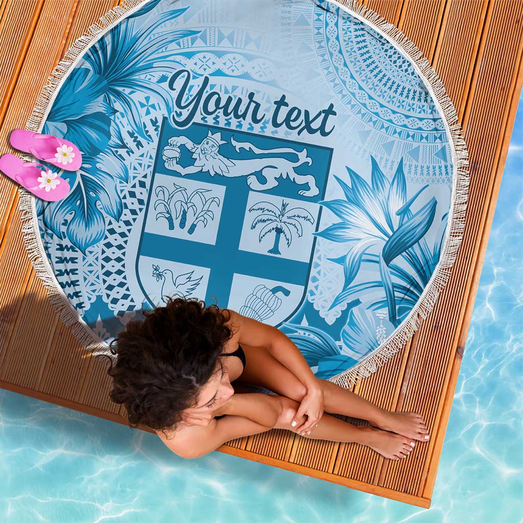 Vintage Bula Fiji Personalised Beach Blanket Blue Hibiscus Tapa Pattern LT9