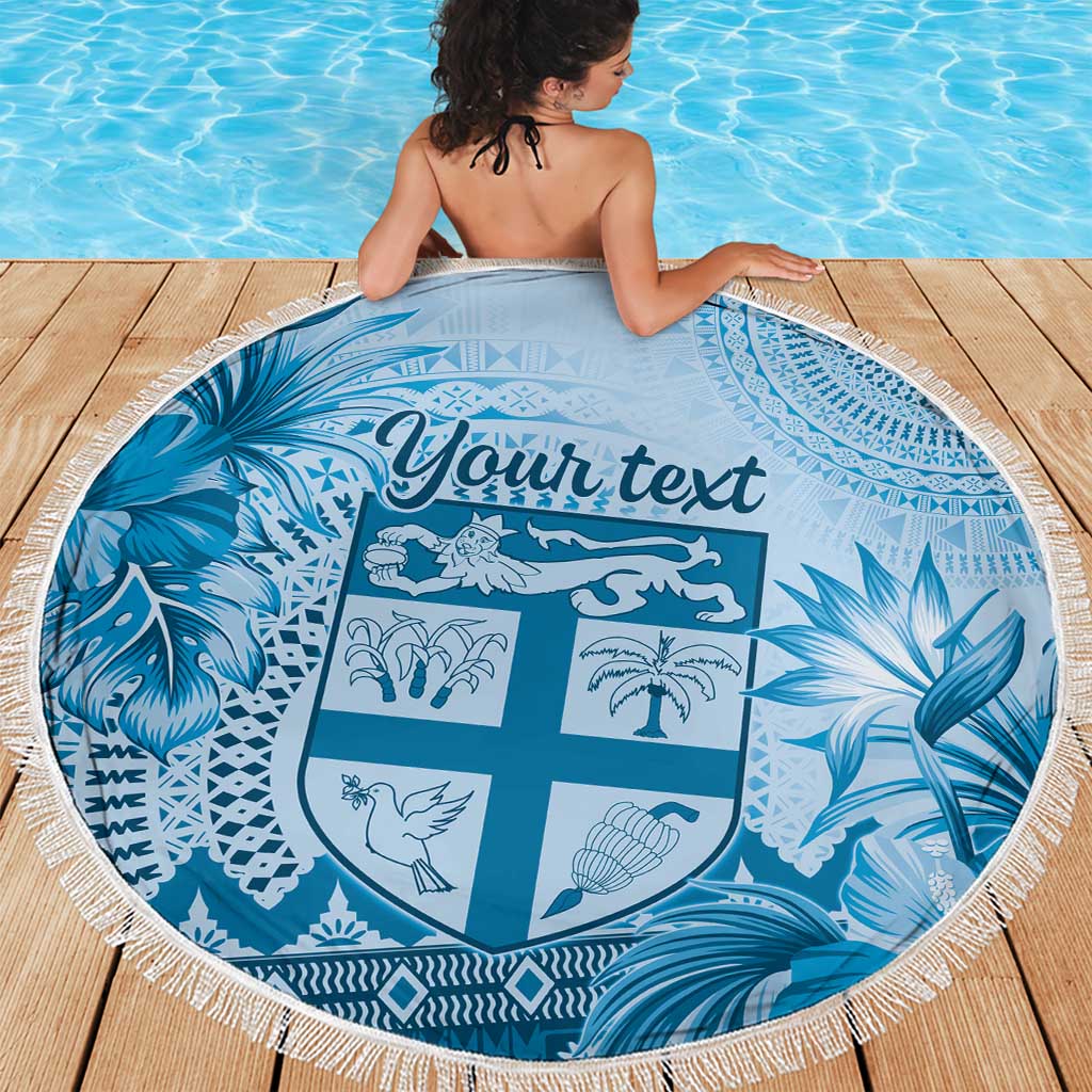 Vintage Bula Fiji Personalised Beach Blanket Blue Hibiscus Tapa Pattern LT9