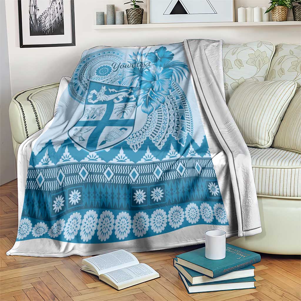 Vintage Bula Fiji Personalised Blanket Blue Hibiscus Tapa Pattern