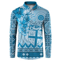 Vintage Bula Fiji Personalised Button Sweatshirt Blue Hibiscus Tapa Pattern