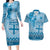 Vintage Bula Fiji Personalised Couples Matching Long Sleeve Bodycon Dress and Hawaiian Shirt Blue Hibiscus Tapa Pattern