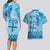 Vintage Bula Fiji Personalised Couples Matching Long Sleeve Bodycon Dress and Hawaiian Shirt Blue Hibiscus Tapa Pattern