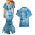 Vintage Bula Fiji Personalised Couples Matching Mermaid Dress and Hawaiian Shirt Blue Hibiscus Tapa Pattern