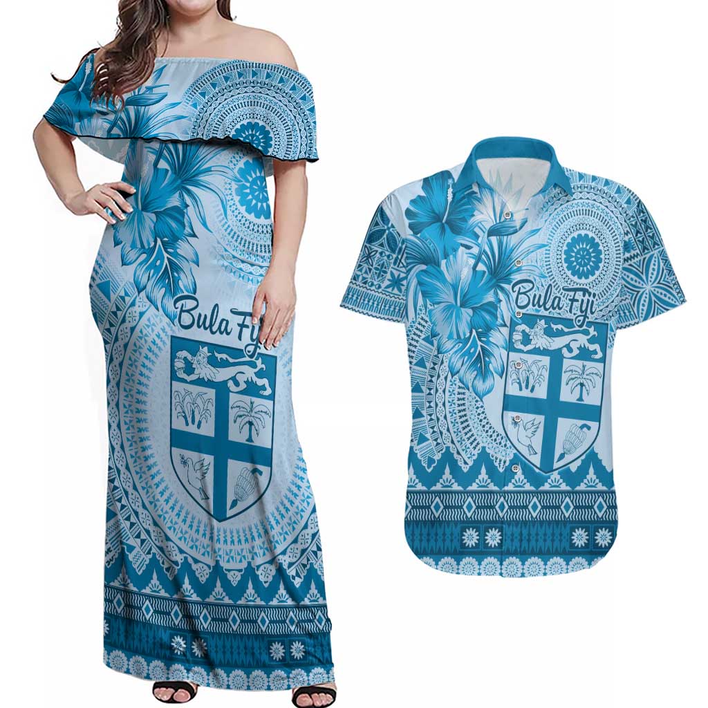 Vintage Bula Fiji Personalised Couples Matching Off Shoulder Maxi Dress and Hawaiian Shirt Blue Hibiscus Tapa Pattern