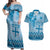 Vintage Bula Fiji Personalised Couples Matching Off Shoulder Maxi Dress and Hawaiian Shirt Blue Hibiscus Tapa Pattern