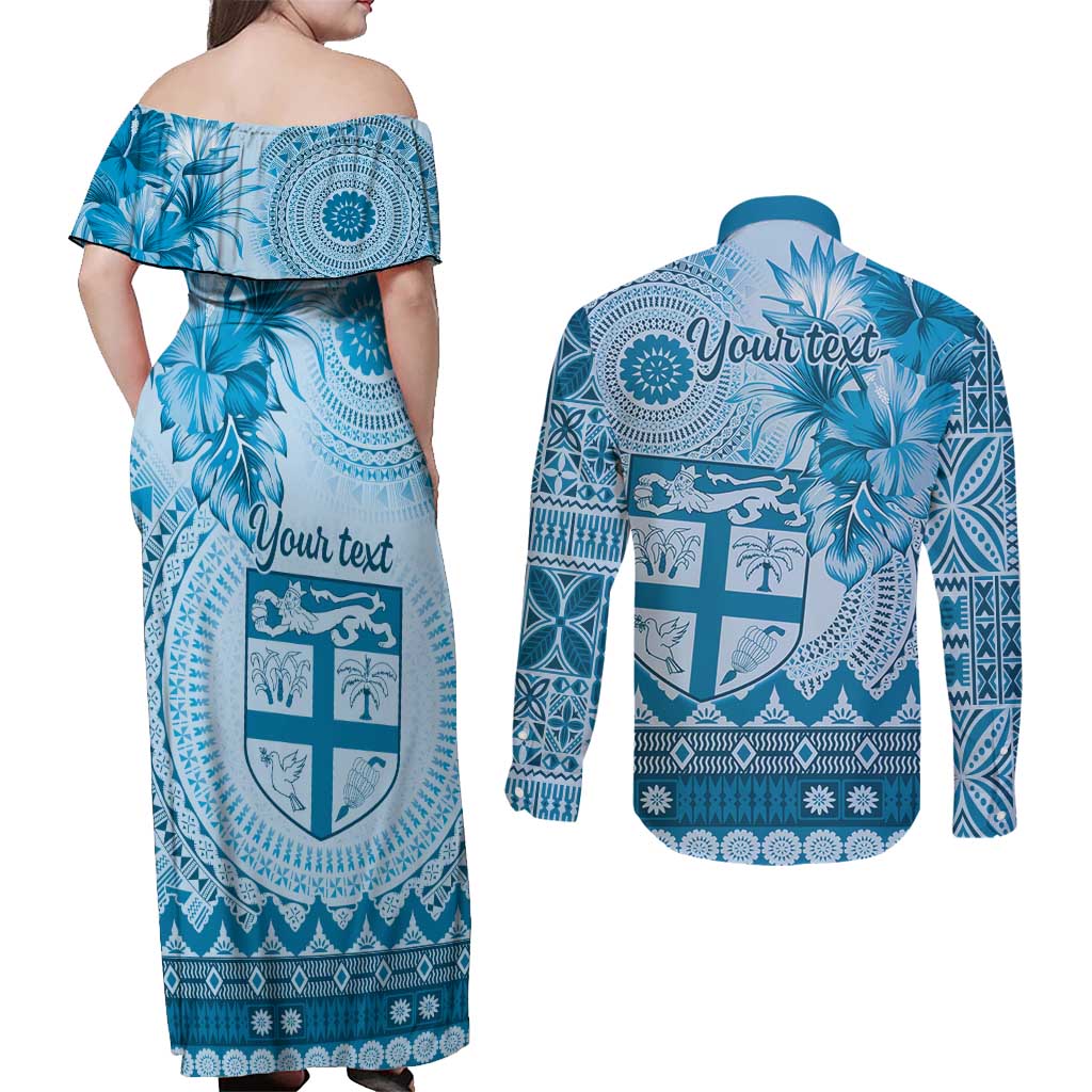 Vintage Bula Fiji Personalised Couples Matching Off Shoulder Maxi Dress and Long Sleeve Button Shirt Blue Hibiscus Tapa Pattern