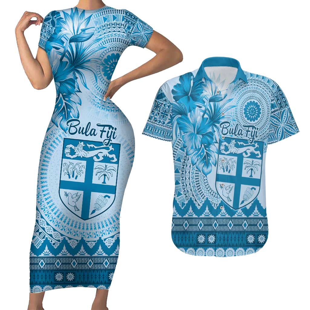 Vintage Bula Fiji Personalised Couples Matching Short Sleeve Bodycon Dress and Hawaiian Shirt Blue Hibiscus Tapa Pattern