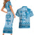 Vintage Bula Fiji Personalised Couples Matching Short Sleeve Bodycon Dress and Hawaiian Shirt Blue Hibiscus Tapa Pattern