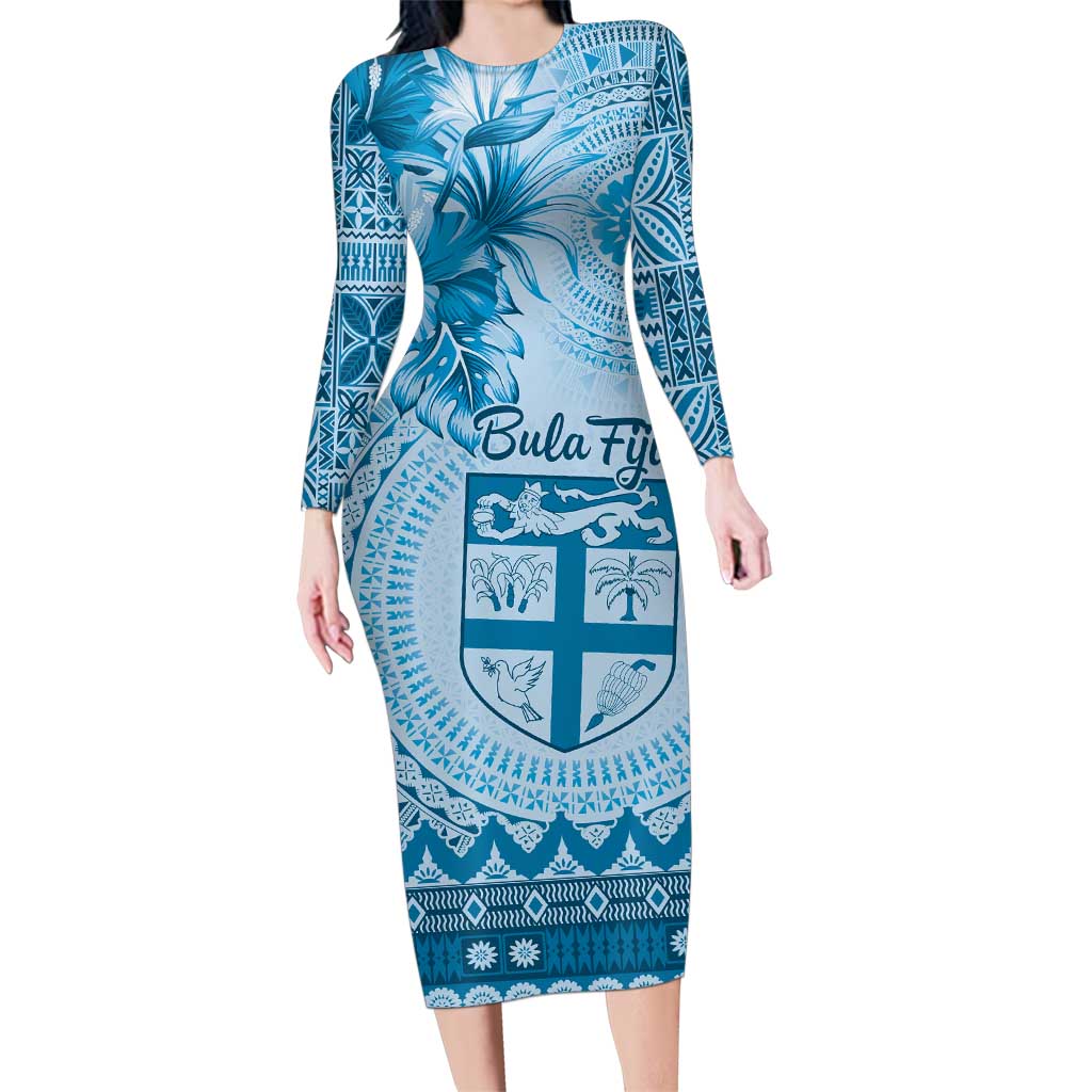 Vintage Bula Fiji Personalised Family Matching Long Sleeve Bodycon Dress and Hawaiian Shirt Blue Hibiscus Tapa Pattern