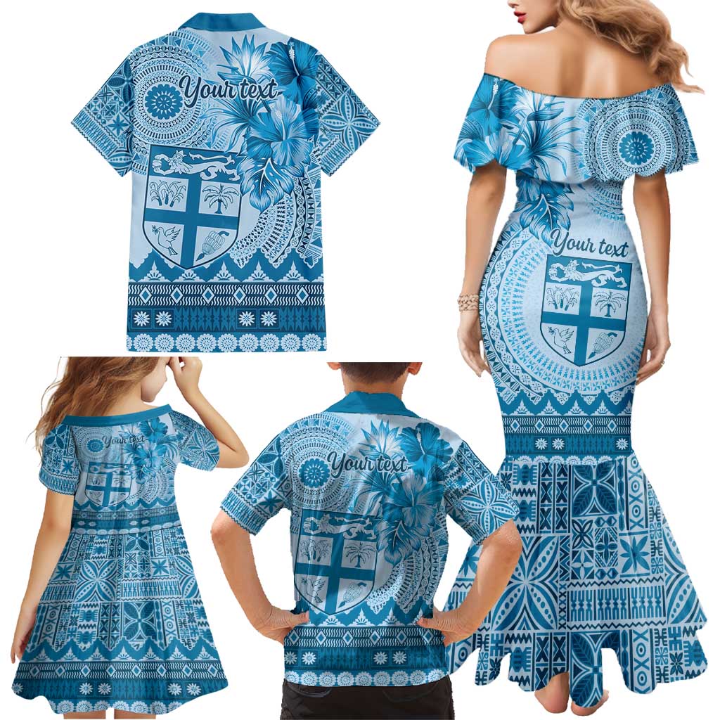Vintage Bula Fiji Personalised Family Matching Mermaid Dress and Hawaiian Shirt Blue Hibiscus Tapa Pattern