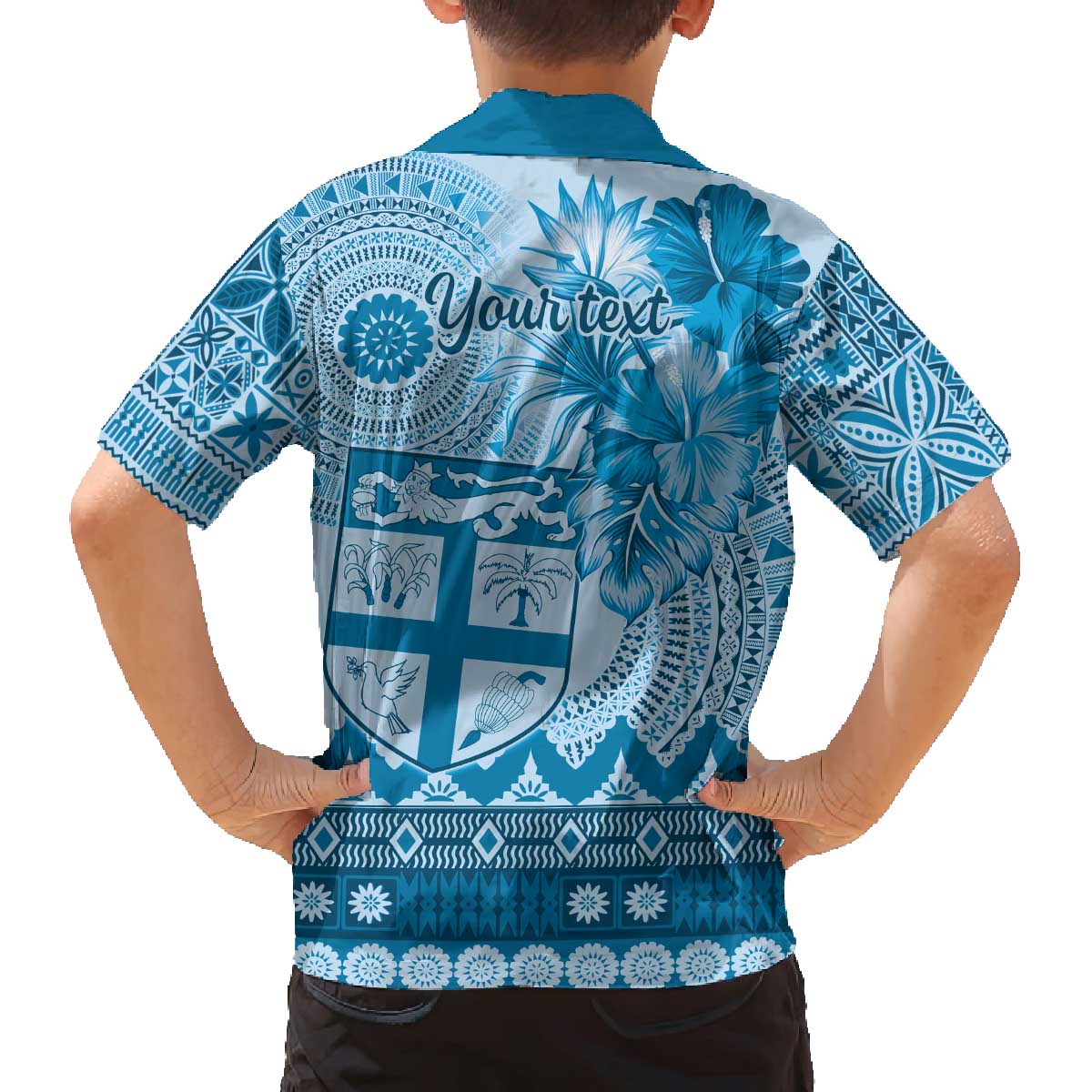 Vintage Bula Fiji Personalised Family Matching Off Shoulder Short Dress and Hawaiian Shirt Blue Hibiscus Tapa Pattern