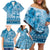 Vintage Bula Fiji Personalised Family Matching Off Shoulder Short Dress and Hawaiian Shirt Blue Hibiscus Tapa Pattern