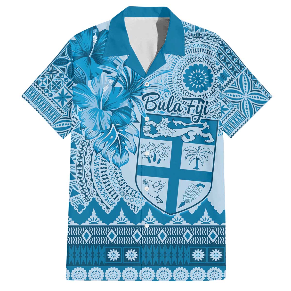 Vintage Bula Fiji Personalised Family Matching Off Shoulder Short Dress and Hawaiian Shirt Blue Hibiscus Tapa Pattern