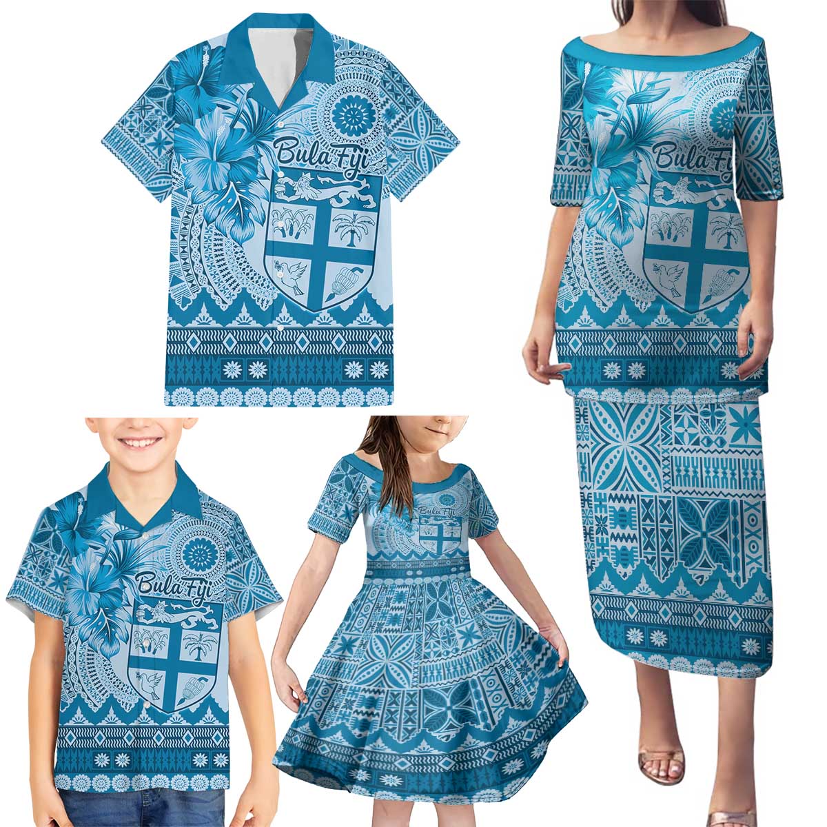 Vintage Bula Fiji Personalised Family Matching Puletasi and Hawaiian Shirt Blue Hibiscus Tapa Pattern