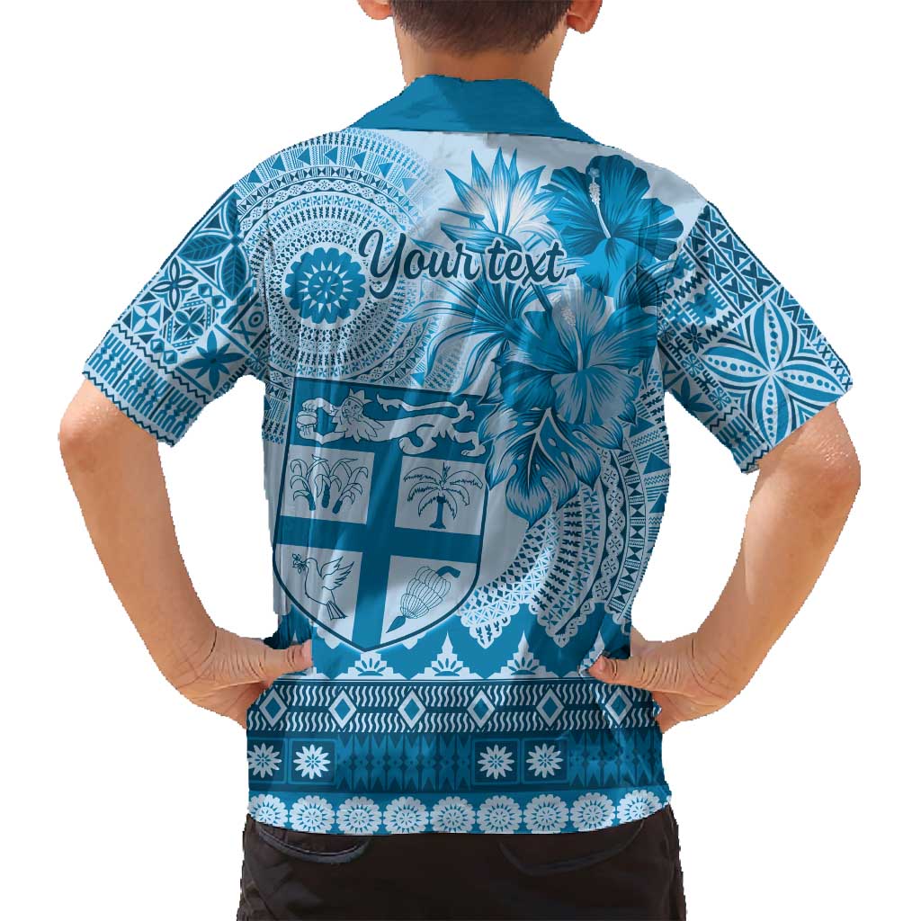 Vintage Bula Fiji Personalised Family Matching Summer Maxi Dress and Hawaiian Shirt Blue Hibiscus Tapa Pattern