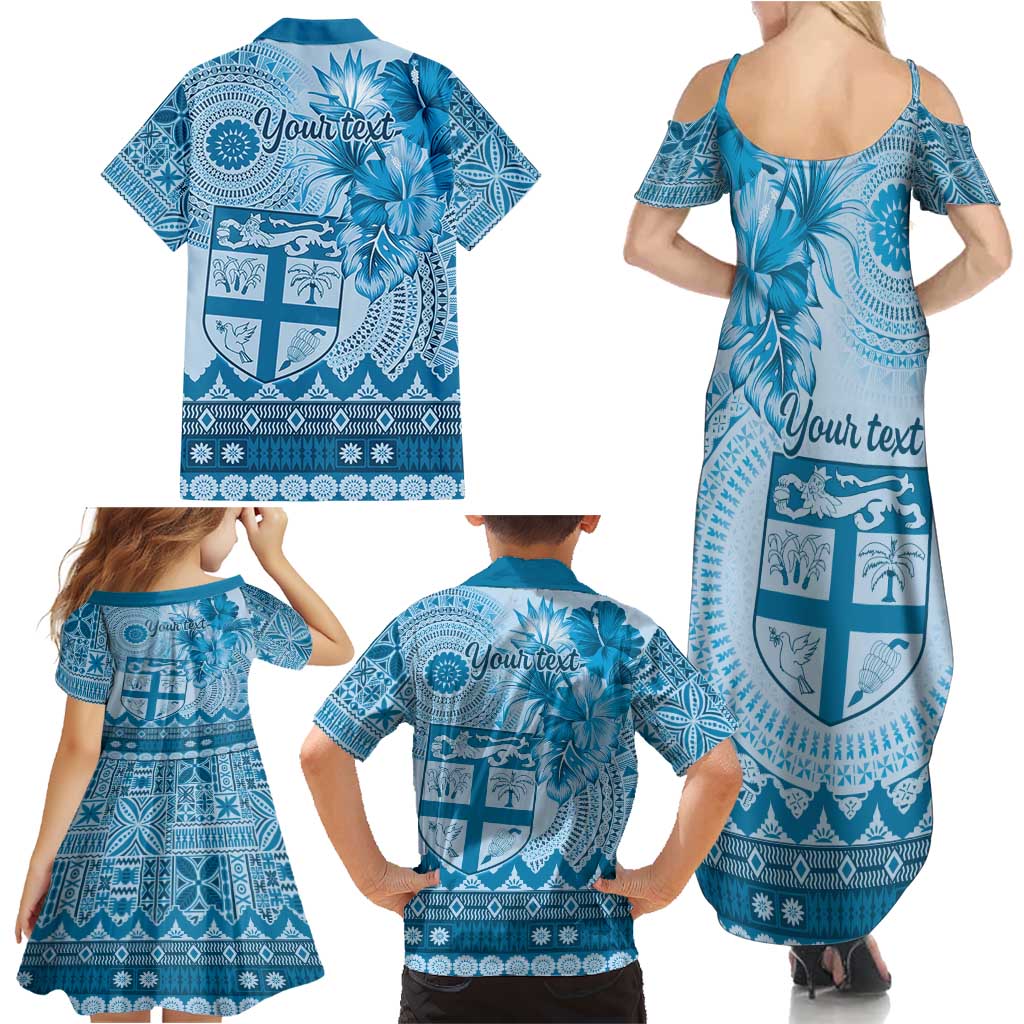 Vintage Bula Fiji Personalised Family Matching Summer Maxi Dress and Hawaiian Shirt Blue Hibiscus Tapa Pattern