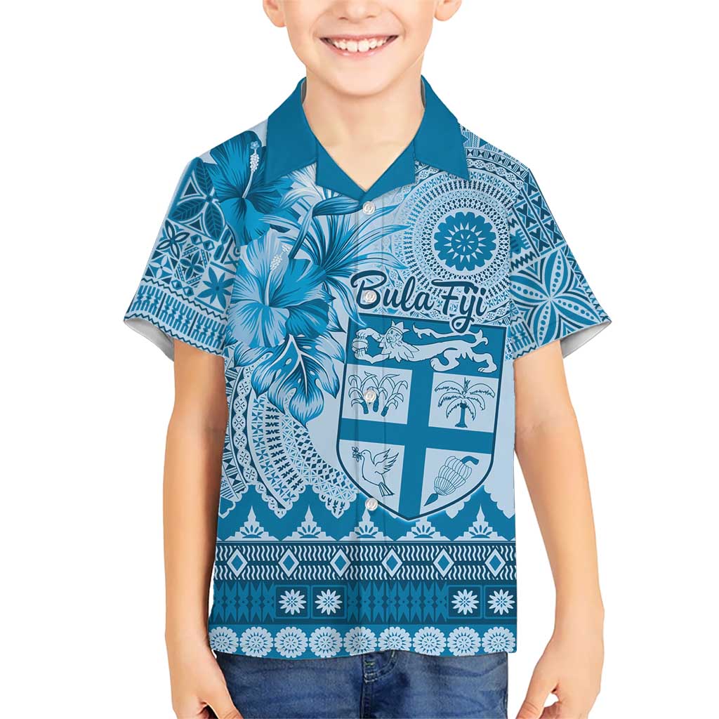 Vintage Bula Fiji Personalised Kid Hawaiian Shirt Blue Hibiscus Tapa Pattern