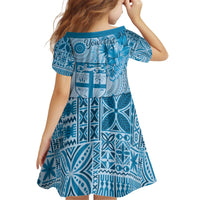 Vintage Bula Fiji Personalised Kid Short Sleeve Dress Blue Hibiscus Tapa Pattern