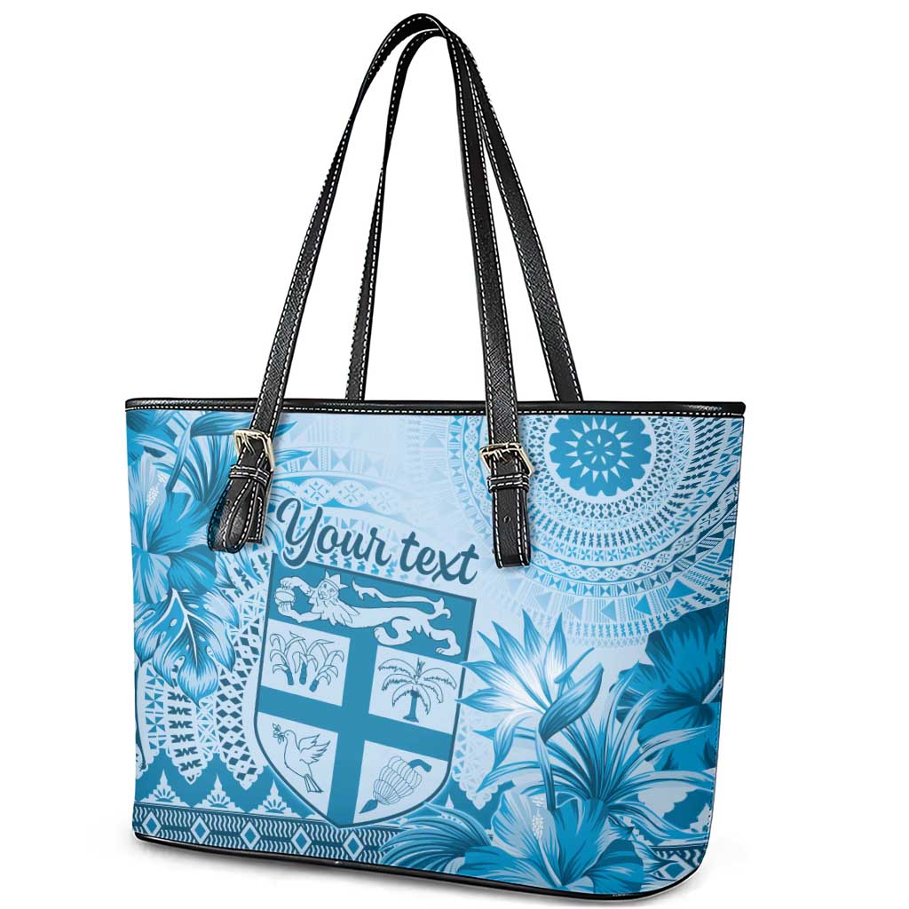 Vintage Bula Fiji Personalised Leather Tote Bag Blue Hibiscus Tapa Pattern LT9