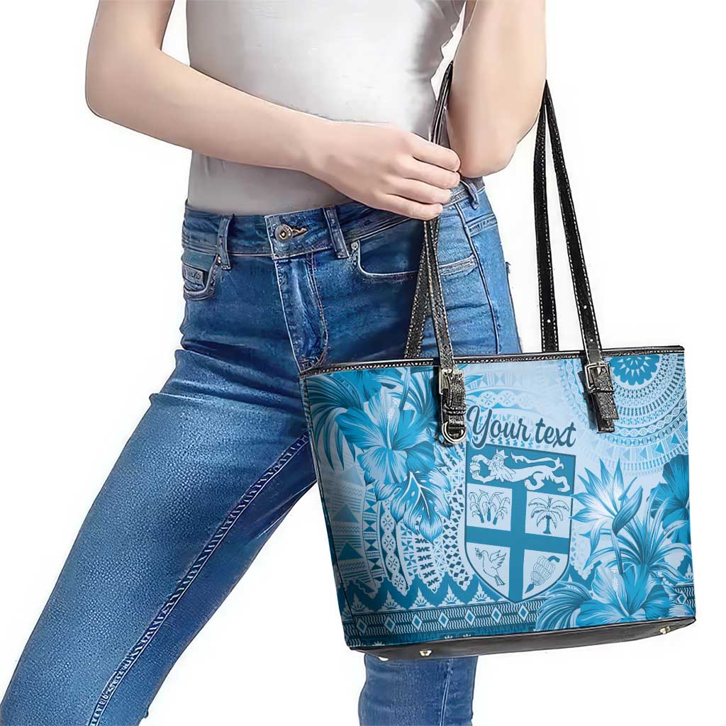 Vintage Bula Fiji Personalised Leather Tote Bag Blue Hibiscus Tapa Pattern LT9