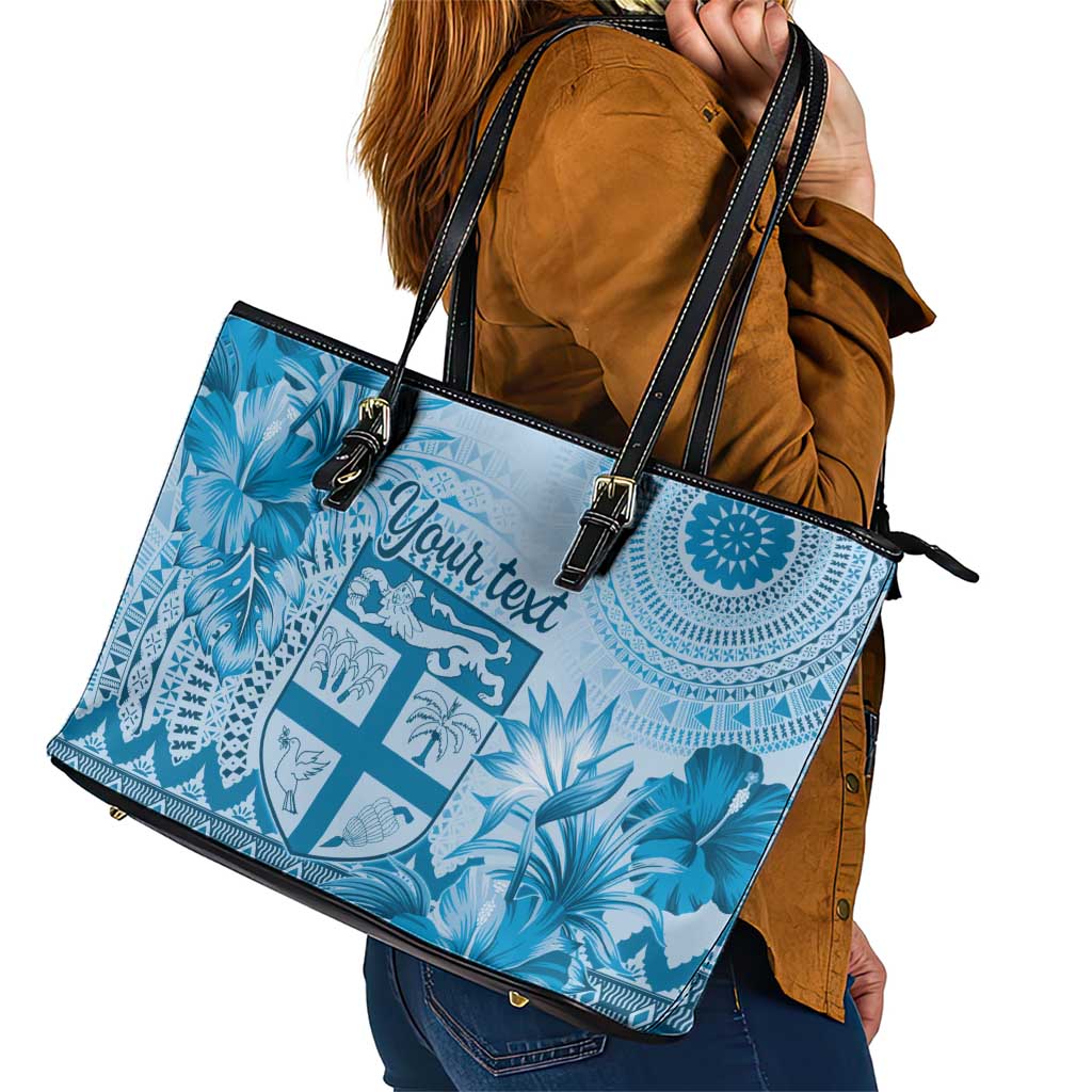 Vintage Bula Fiji Personalised Leather Tote Bag Blue Hibiscus Tapa Pattern LT9