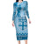 Vintage Bula Fiji Personalised Long Sleeve Bodycon Dress Blue Hibiscus Tapa Pattern