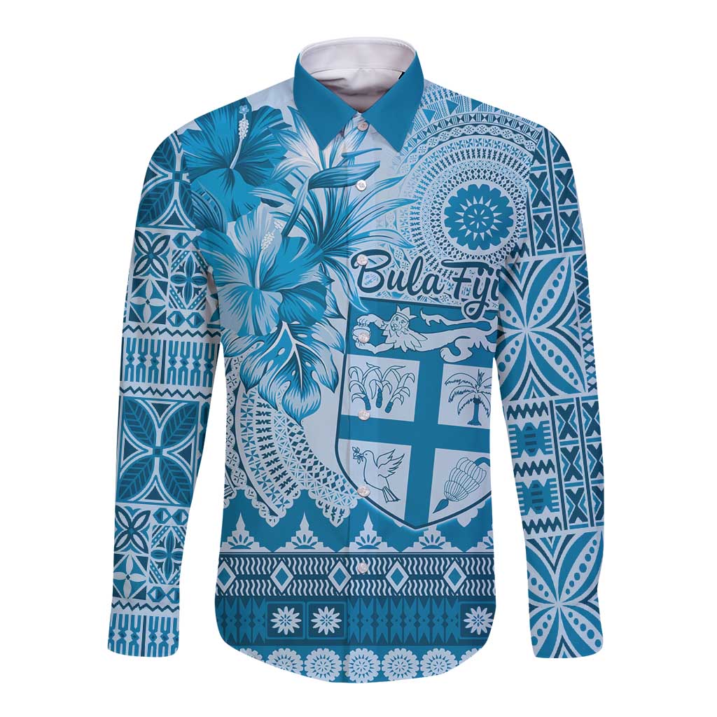 Vintage Bula Fiji Personalised Long Sleeve Button Shirt Blue Hibiscus Tapa Pattern