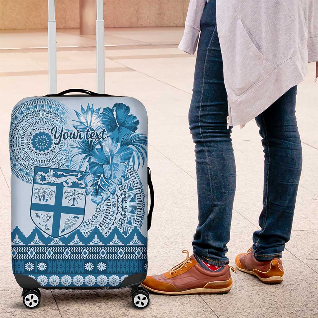 Vintage Bula Fiji Personalised Luggage Cover Blue Hibiscus Tapa Pattern