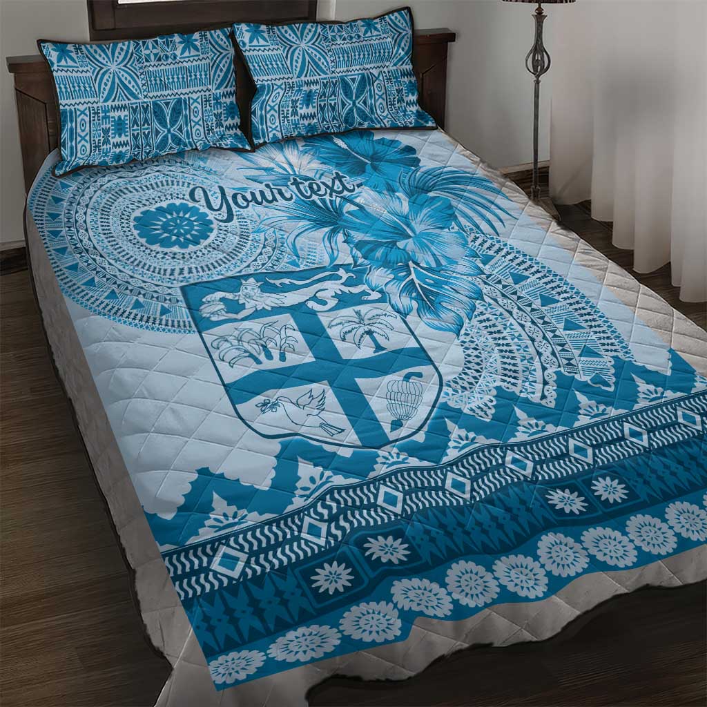 Vintage Bula Fiji Personalised Quilt Bed Set Blue Hibiscus Tapa Pattern