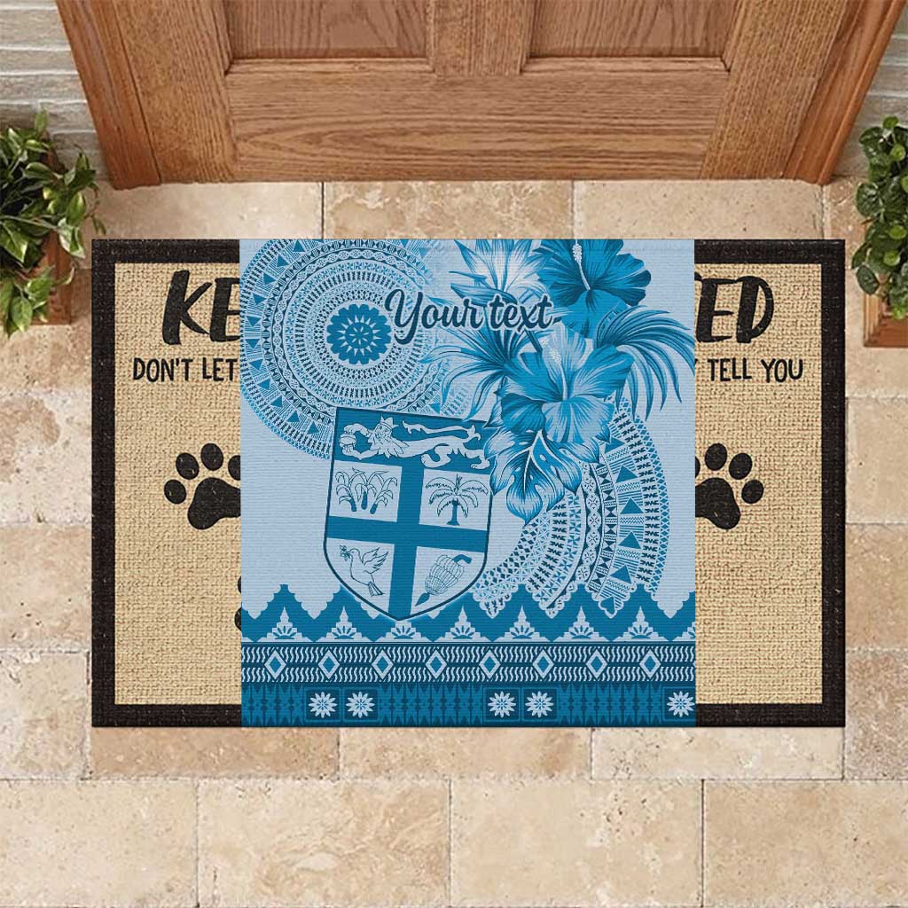Vintage Bula Fiji Personalised Rubber Doormat Blue Hibiscus Tapa Pattern